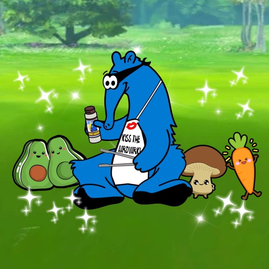 Secret Aardvark cartoon aardvark in apron with hot sauce bottle surrounded by cute avocado, mushroom, and carrot with text Boss Level.