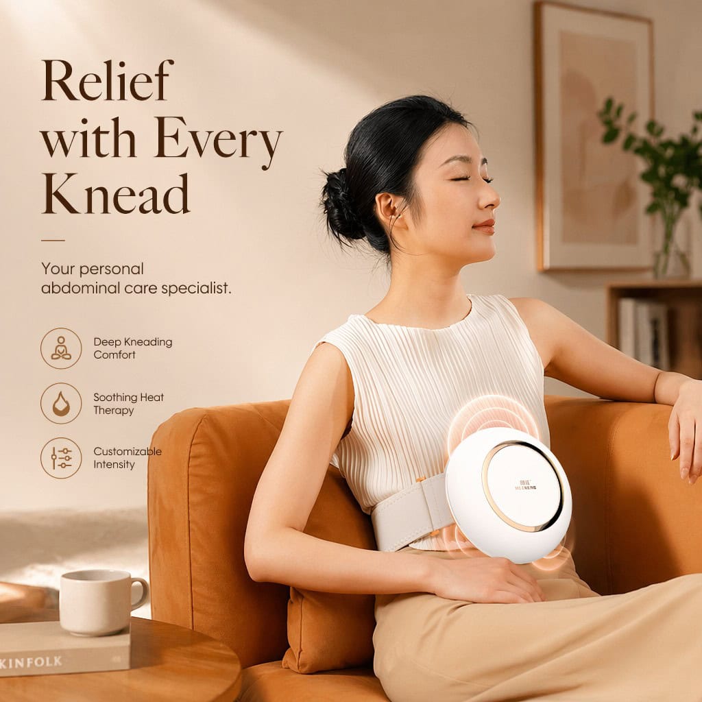 abdominal massager providing deep relief for a woman relaxing on a sofa