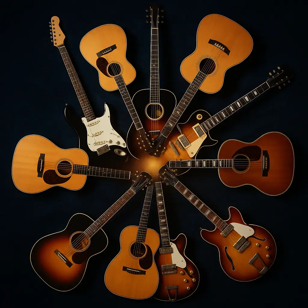 Collage of electric and acoustic guitars arranged in a spiral — cover for SlaveToMusic article ‘The Most Underrated Guitar Intros Ever Recorded’.