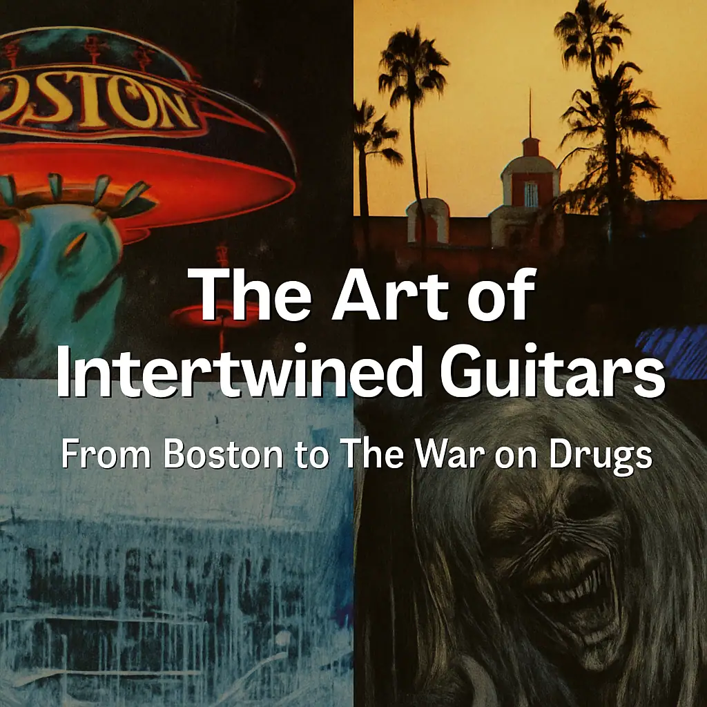 Collage of iconic rock album fragments from Boston, Eagles, Radiohead, Iron Maiden, and The War on Drugs illustrating the evolution of intertwined guitar arrangements.