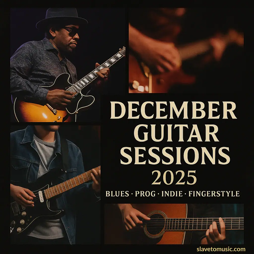 Collage fotografico con quattro chitarristi che rappresentano blues, prog, indie e fingerstyle. In alto a sinistra un chitarrista blues con cappello e semiacustica; in alto a destra un close-up delle mani su chitarra elettrica; in basso a sinistra un chitarrista indie con giacca di jeans e Stratocaster; in basso a destra un chitarrista acustico in fingerpicking. Testo centrale: “December Guitar Sessions 2025 – Blues • Prog • Indie • Fingerstyle”.