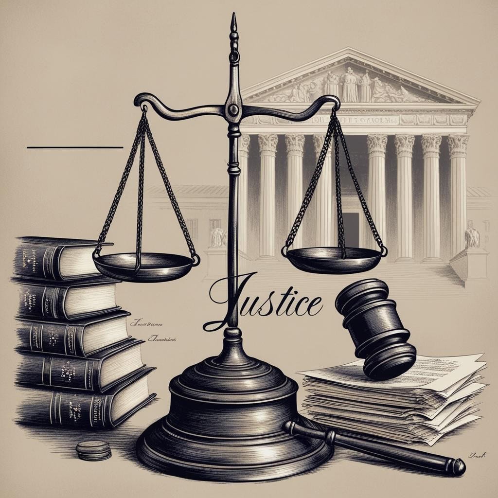 scale, books, and courthouse. representing legal process