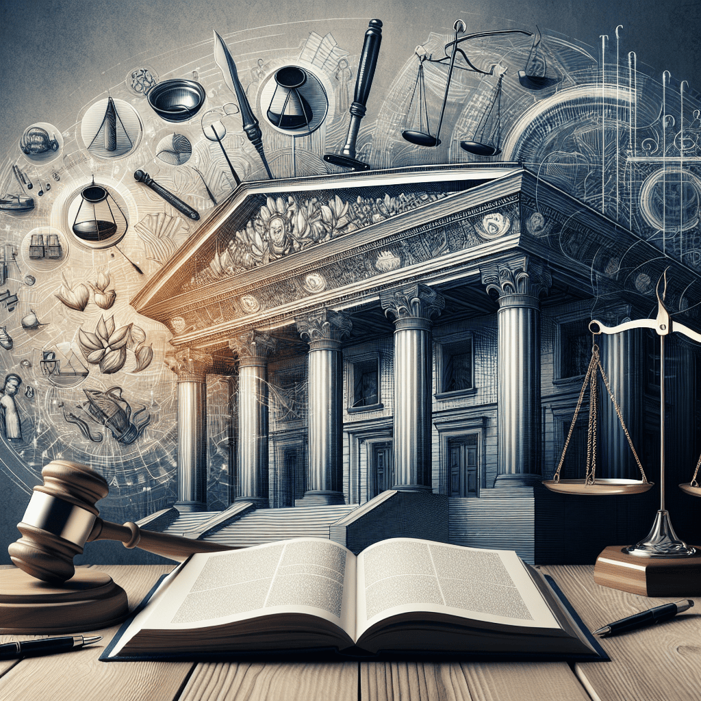 scale, books, and courthouse. representing legal process