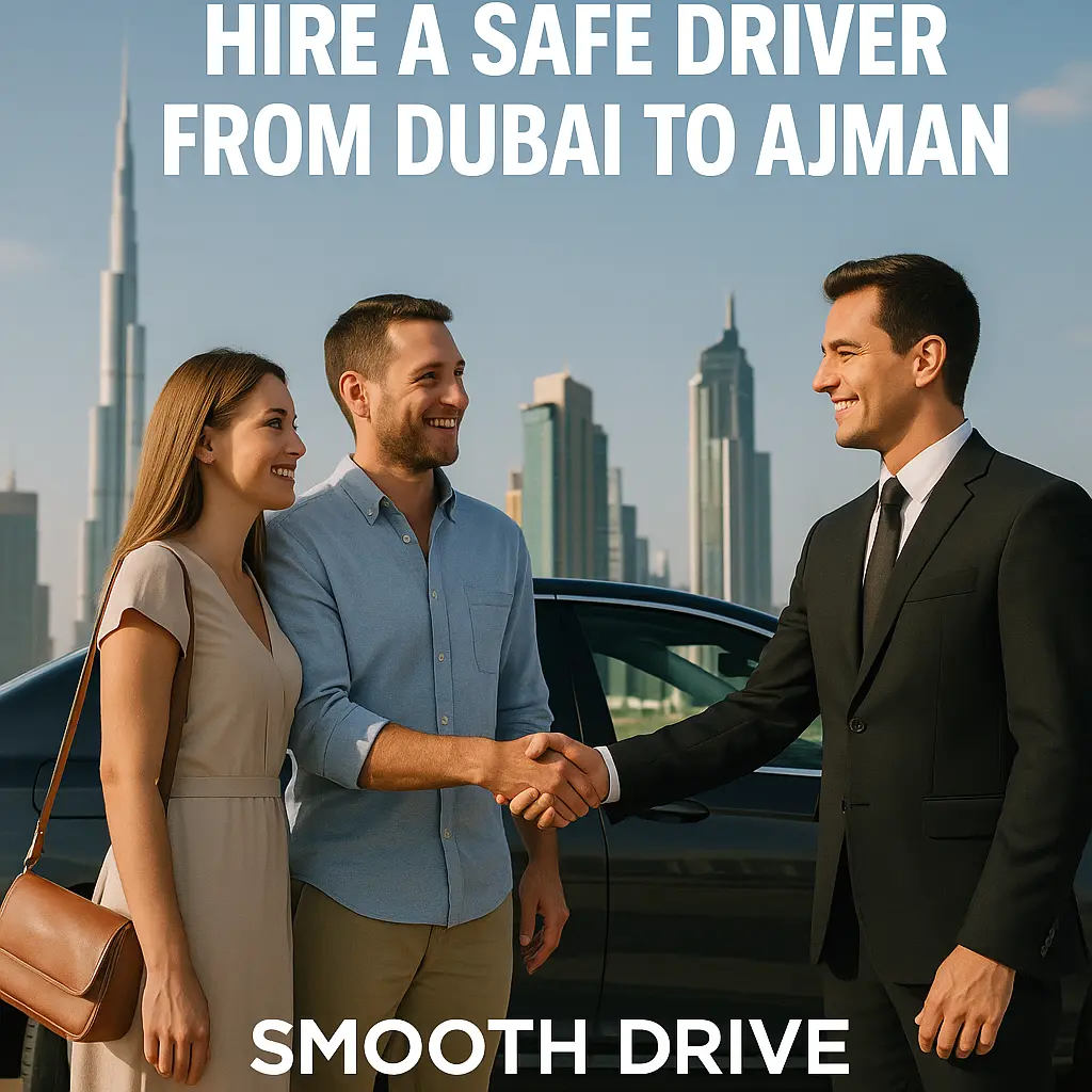 Safe driver in Dubai greeting a couple beside a black car, with Burj Khalifa skyline, promoting Smooth Drive Dubai to Ajman service.