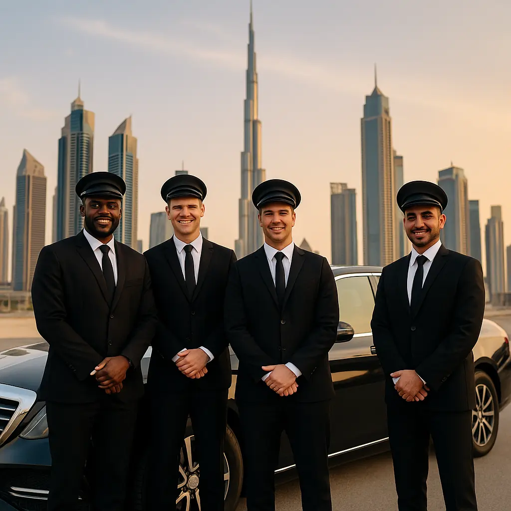 Group of professional chauffeurs standing beside a black luxury car with Dubai skyline and Burj Khalifa in the background