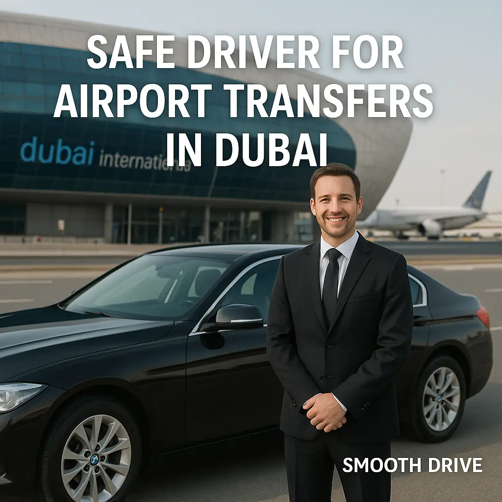 Safe driver for airport transfers in Dubai, professional chauffeur standing by a black car in front of Dubai International Airport with Smooth Drive branding.