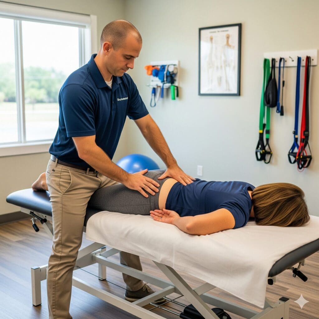 man performing pelvic floor therapy on a female patient