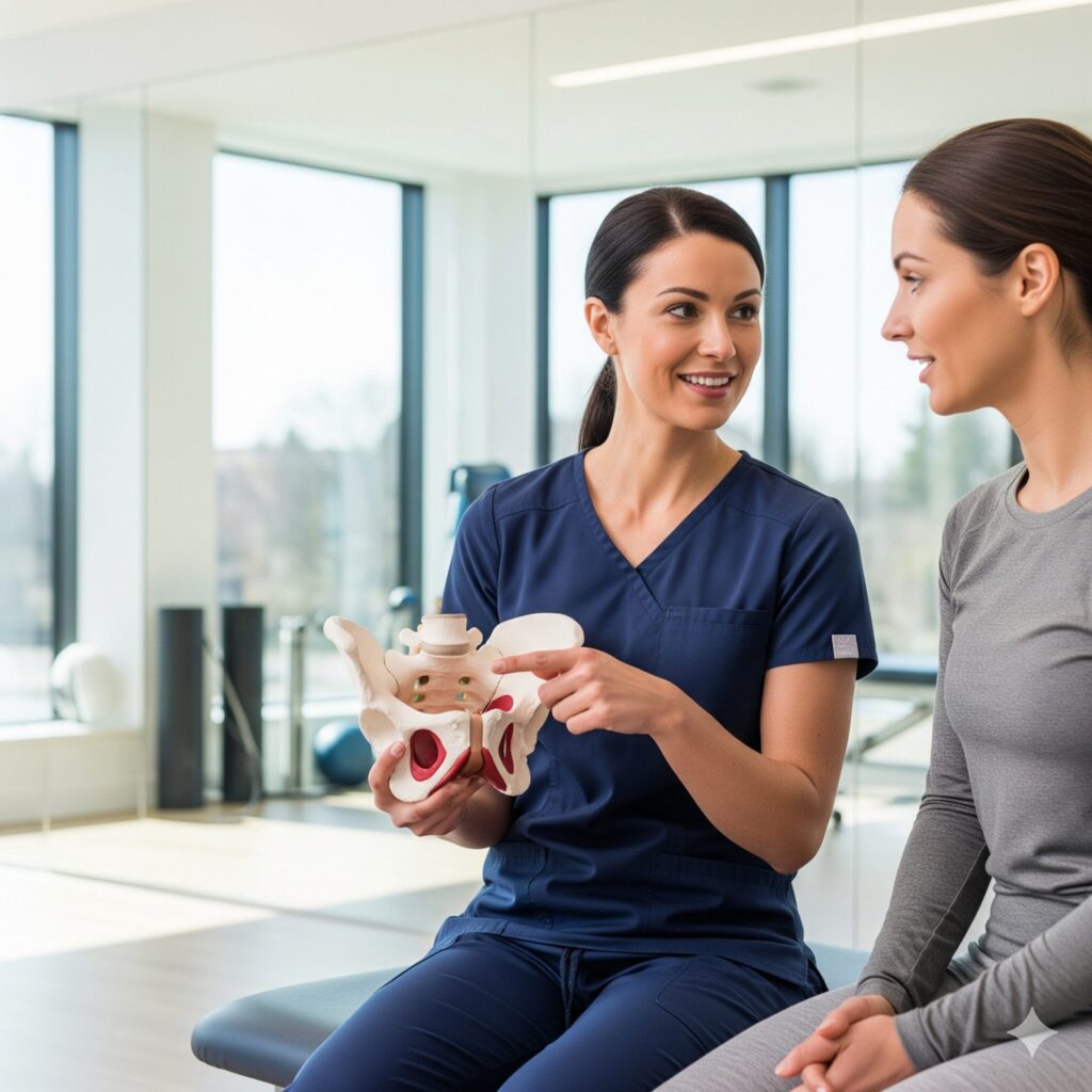 a woman teaching a patient aboutpelvic floor therapy holding a pelvic model