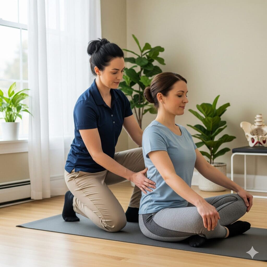 a woman performing pelvic floor therapy on a female patient in a yoga pose