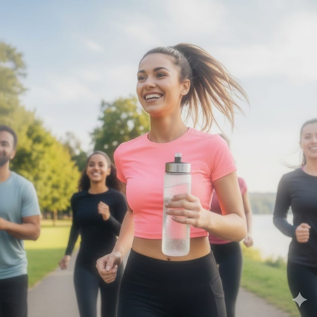 a confident woman running with her friends
