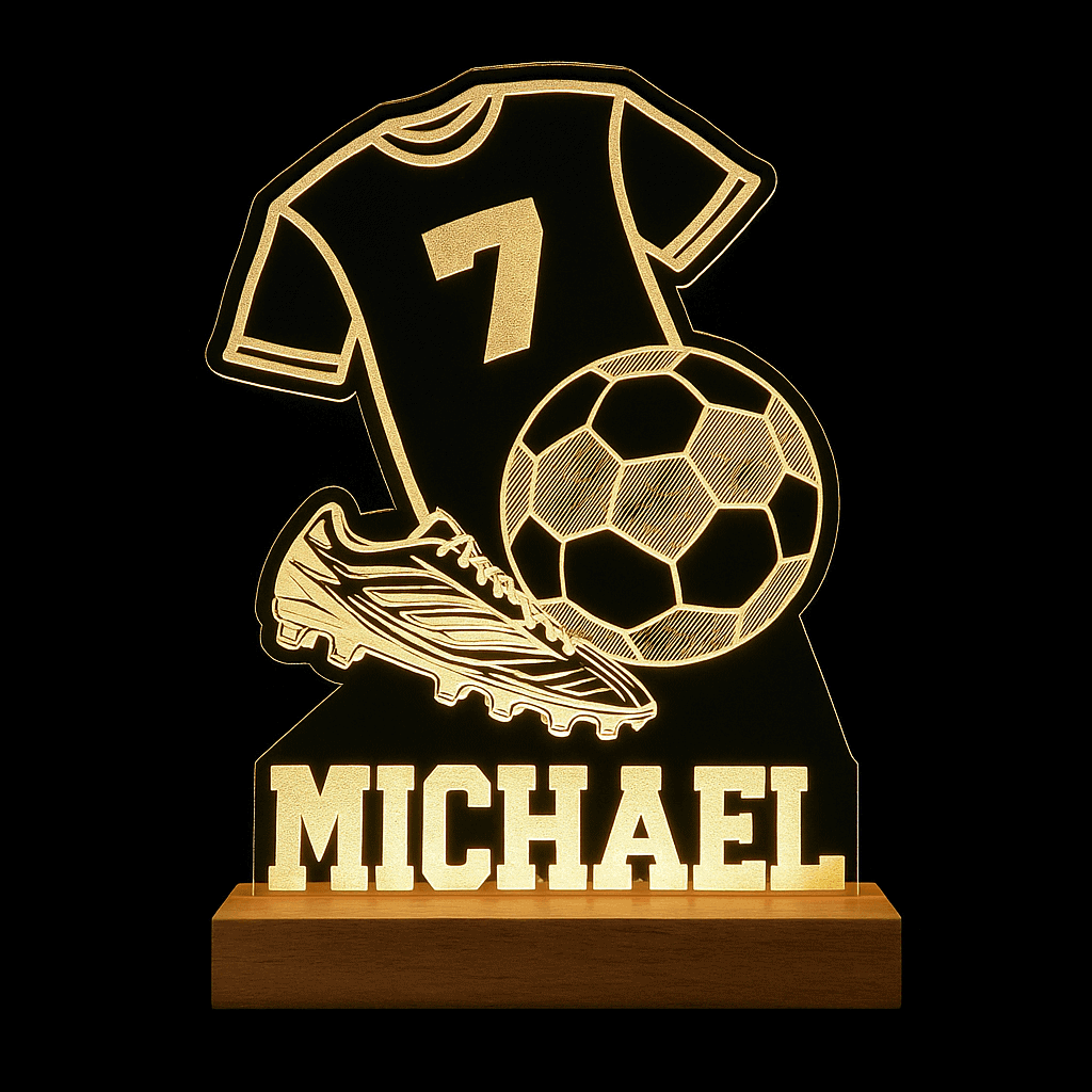 Fantastische lamp met voetbalshirt, schoen en voetbal. En natuurlijk met jouw eigen naam!