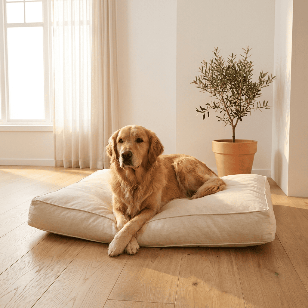 Golden retriever resting on a premium linen dog bed in a modern Scandinavian living room — Petsy luxury pet furniture