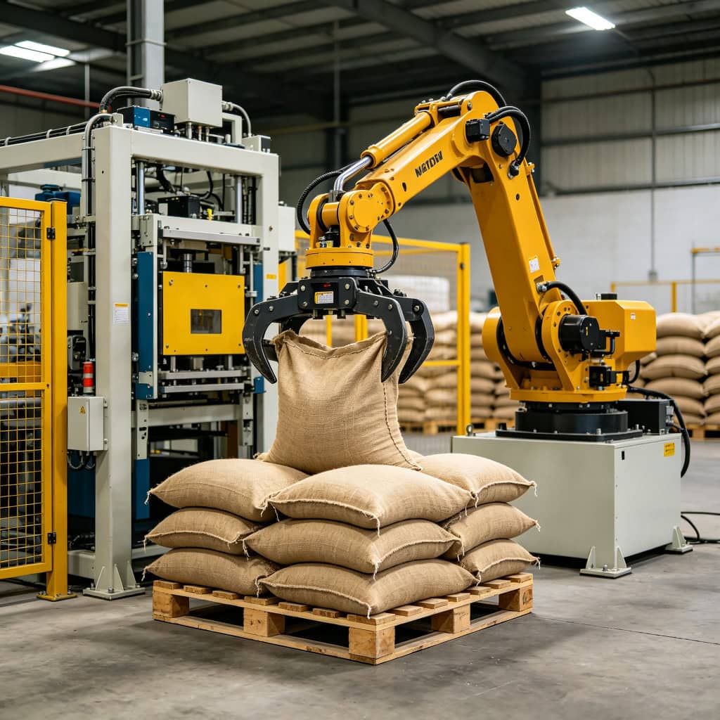 Automatic bag palletizer handling woven and paper bags by SunAura Machinery
