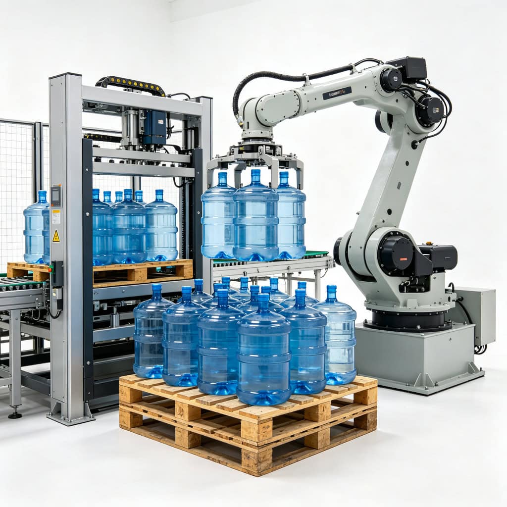 Bottled water and drum palletizer for 5-gallon jugs with mechanical clamp by SunAura Machinery