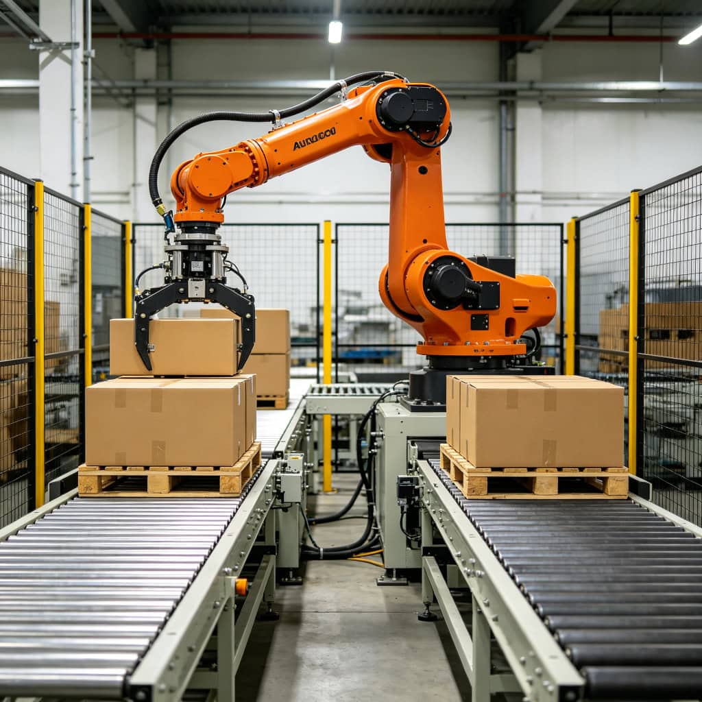 Dual-station robotic palletizer with two pallet positions and safety fencing by SunAura Machinery