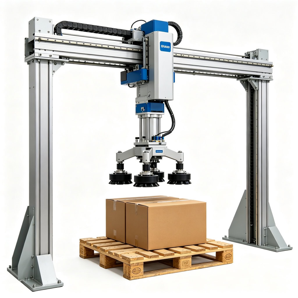 Gantry palletizer system with overhead Cartesian bridge beam by SunAura Machinery