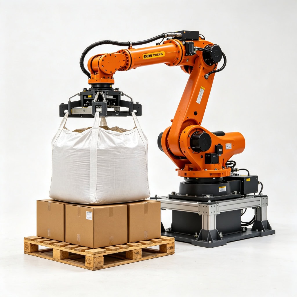 Heavy-duty four-axis robotic palletizer with 180kg payload for bags and bulk by SunAura Machinery