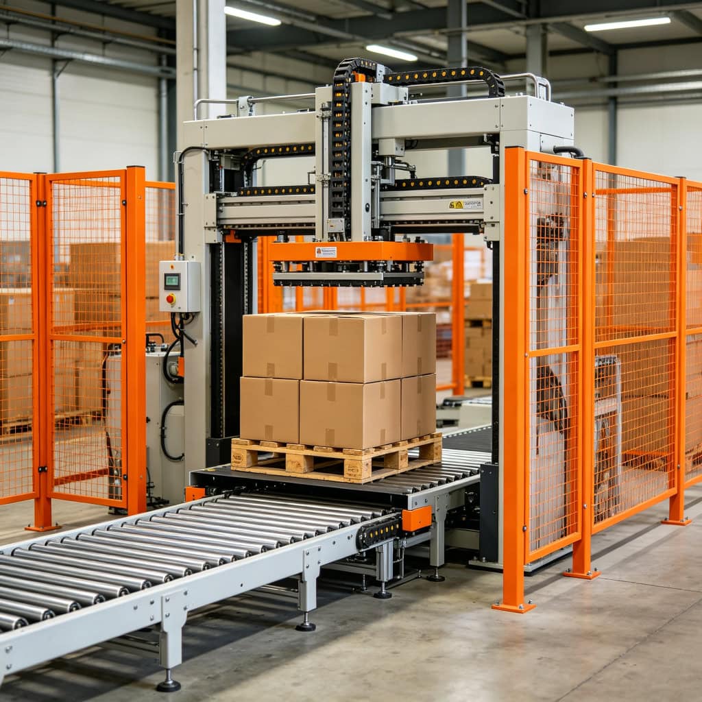 Low-level case palletizer at floor level for easy loading by SunAura Machinery