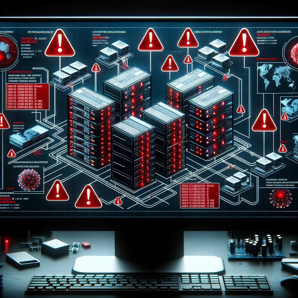 Samsung Galaxy S23 hacknut čtyřikrát během čtyř dnů 1 DALL·E 2023 10 08 11.14.45 Photo of a computer screen displaying server infrastructure diagrams with multiple red alert signs suggesting a cyber breach