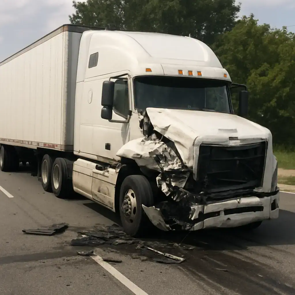 Damaged 18-wheeler truck after a collision on a Houston highway