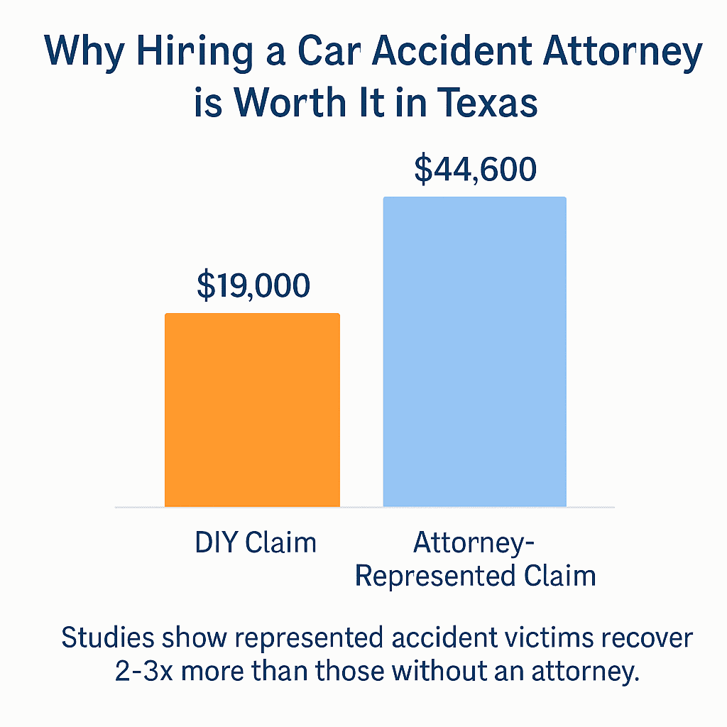 Comparison chart showing average settlement with and without a car accident attorney in Texas