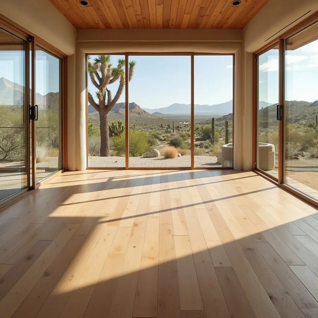 A room with hardwood floors overlooking a desert landscape.