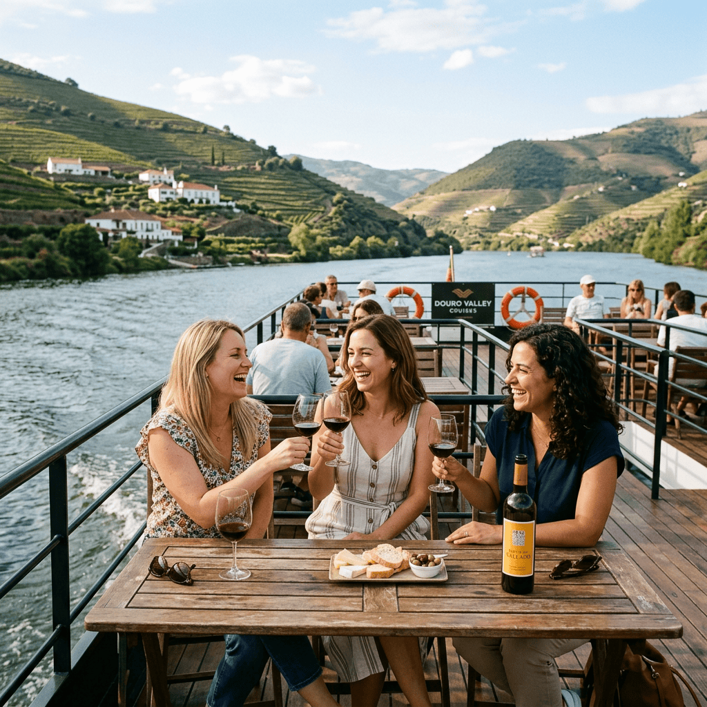 Three women toasting red wine glasses at a wooden table on a river cruise with hills and vineyards in the background