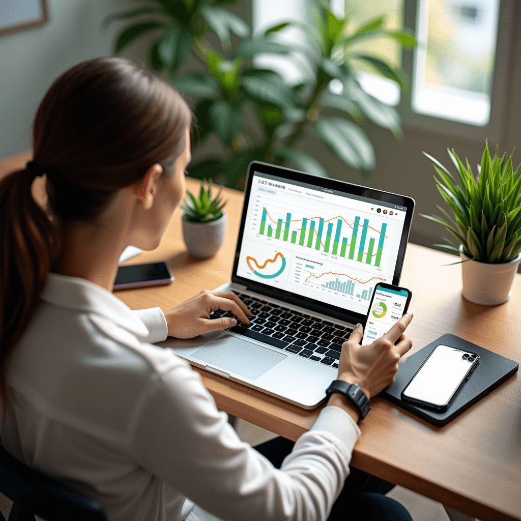 Person at desk viewing digital wealth dashboard on a laptop with sunlight and plants in the background.