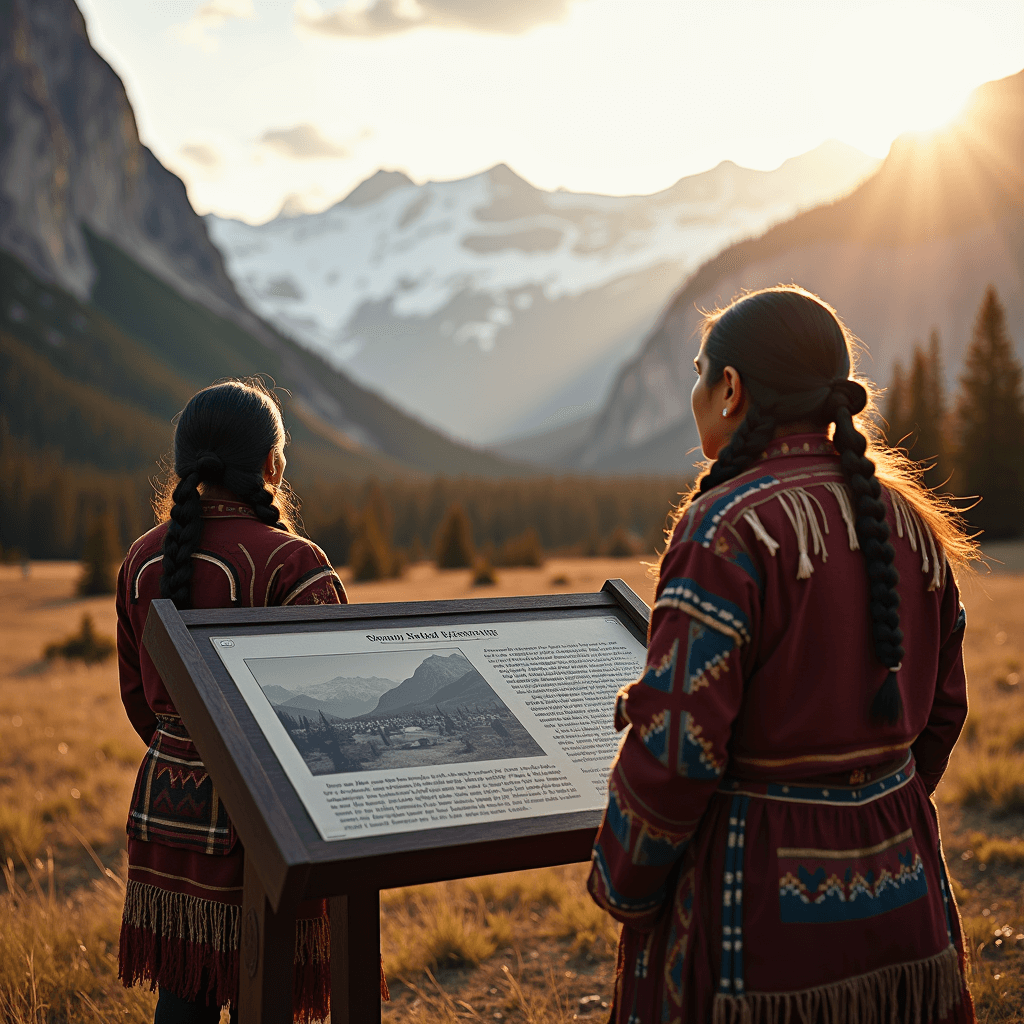 Indigenous elders in traditional attire observe Banff’s mountain valley at sunset with a historic interpretive sign in the foreground.