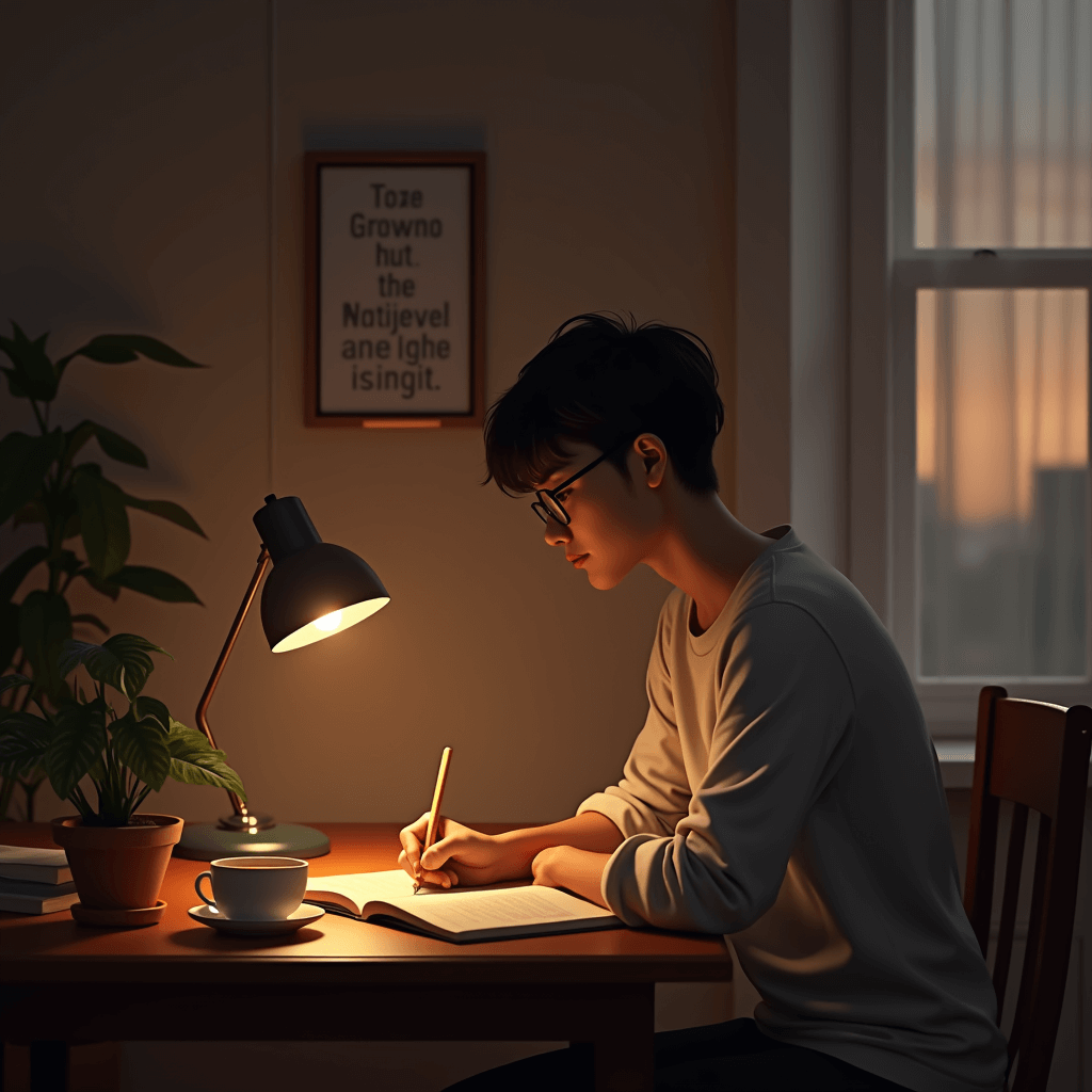 Person writing in journal at desk with warm lighting and calm atmosphere.