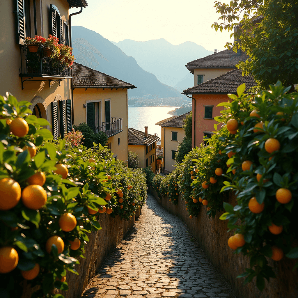 Lemon groves and pastel houses of Limone sul Garda overlooking Lake Garda in early morning light.
