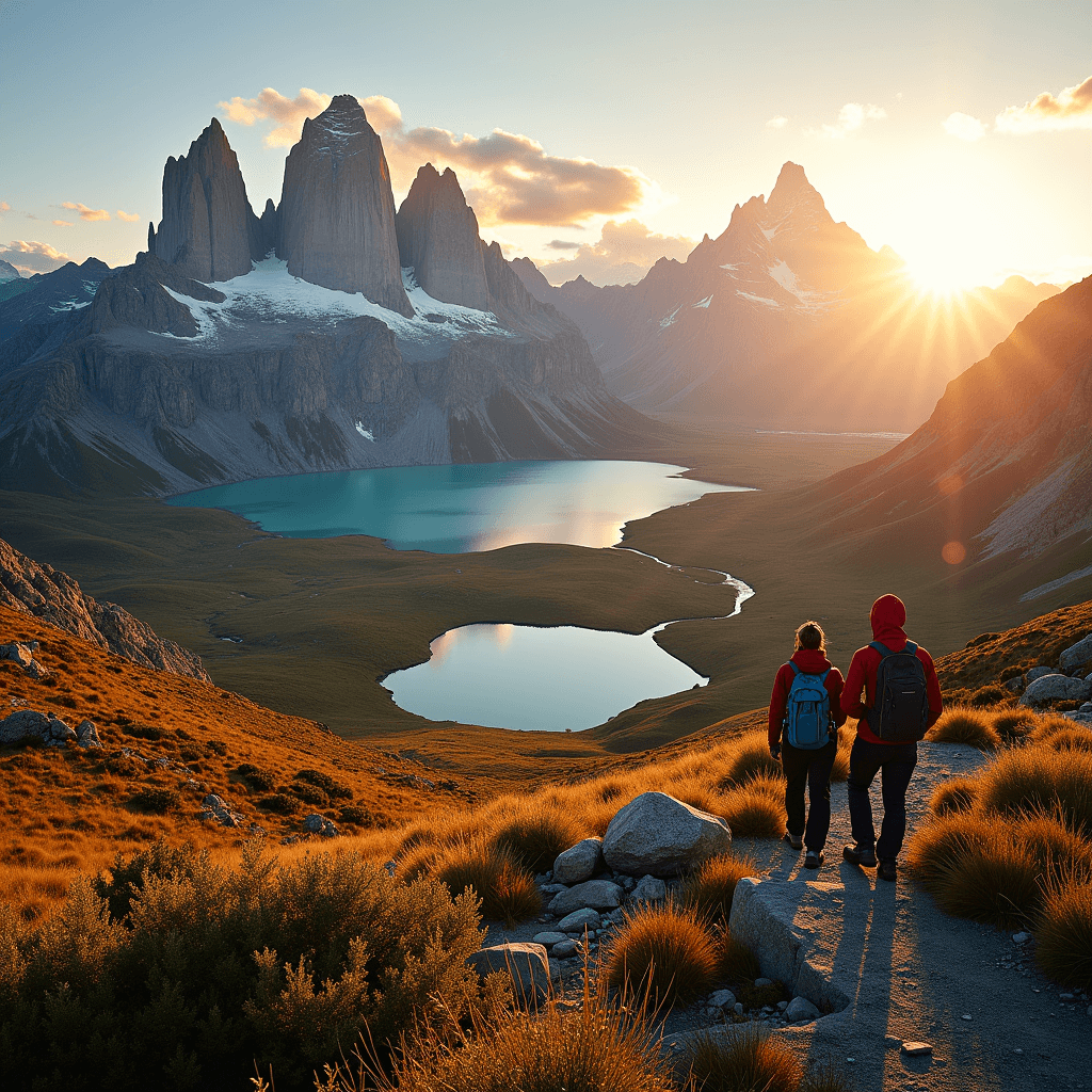 Two hikers overlook dramatic peaks and lakes at sunrise in Patagonia’s wild terrain.
