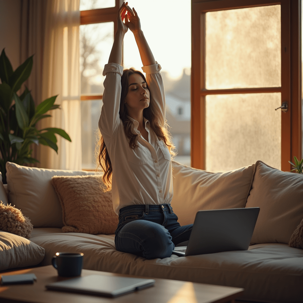 Young professional wearing business casual clothing stretches in a sunny living room before work.