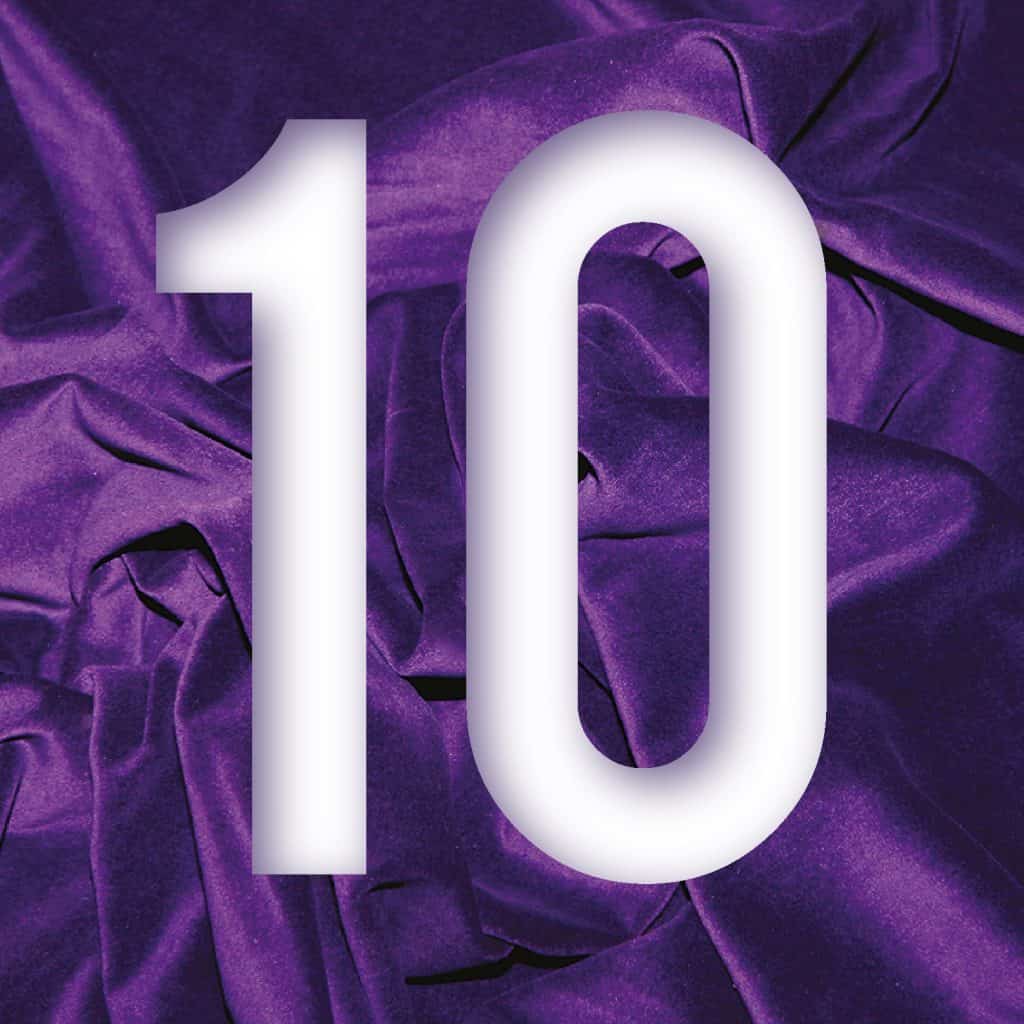 Large figure 10 in white letters against a purple velvet background