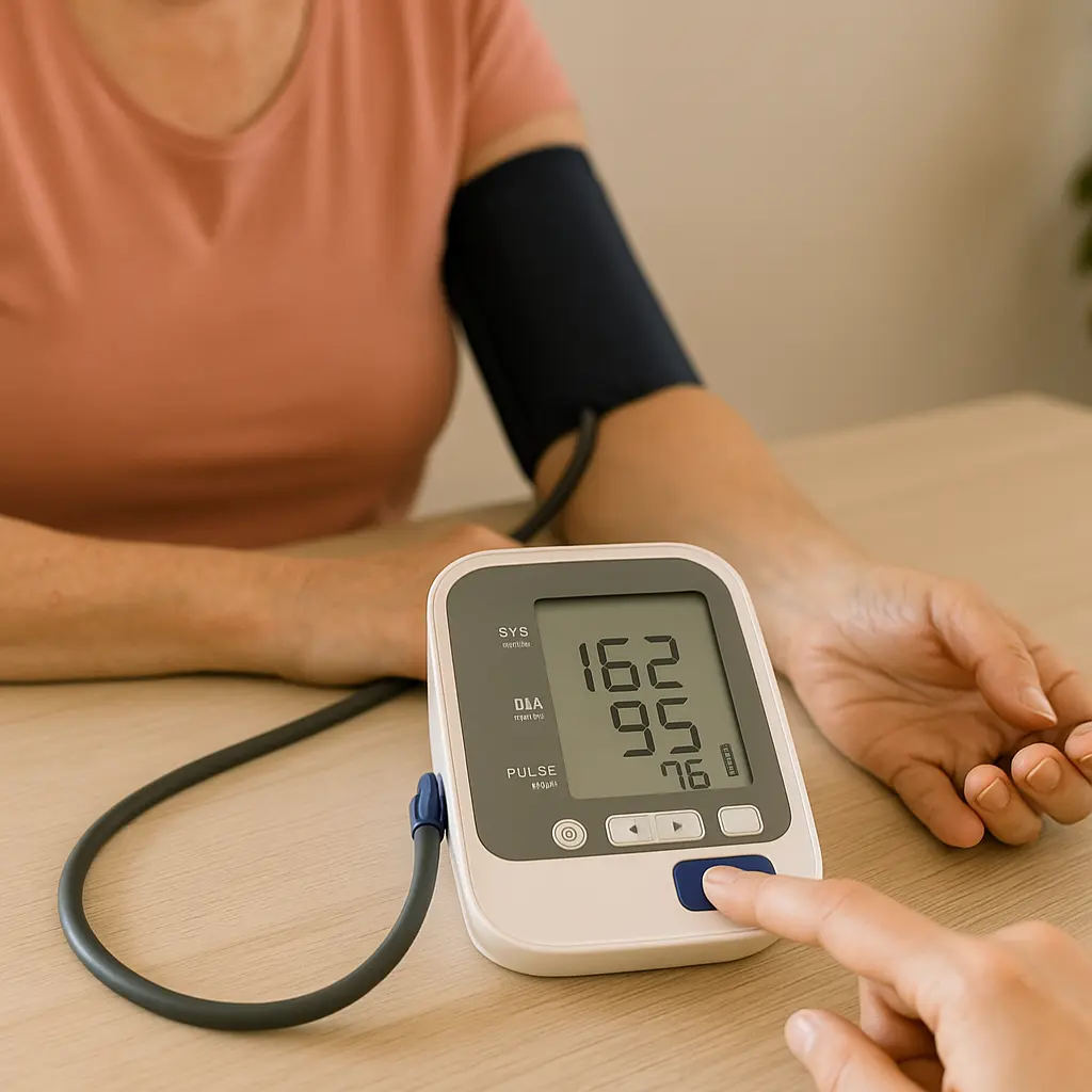Person checking blood pressure at home with a digital BP monitor showing high reading of 162/95 mmHg