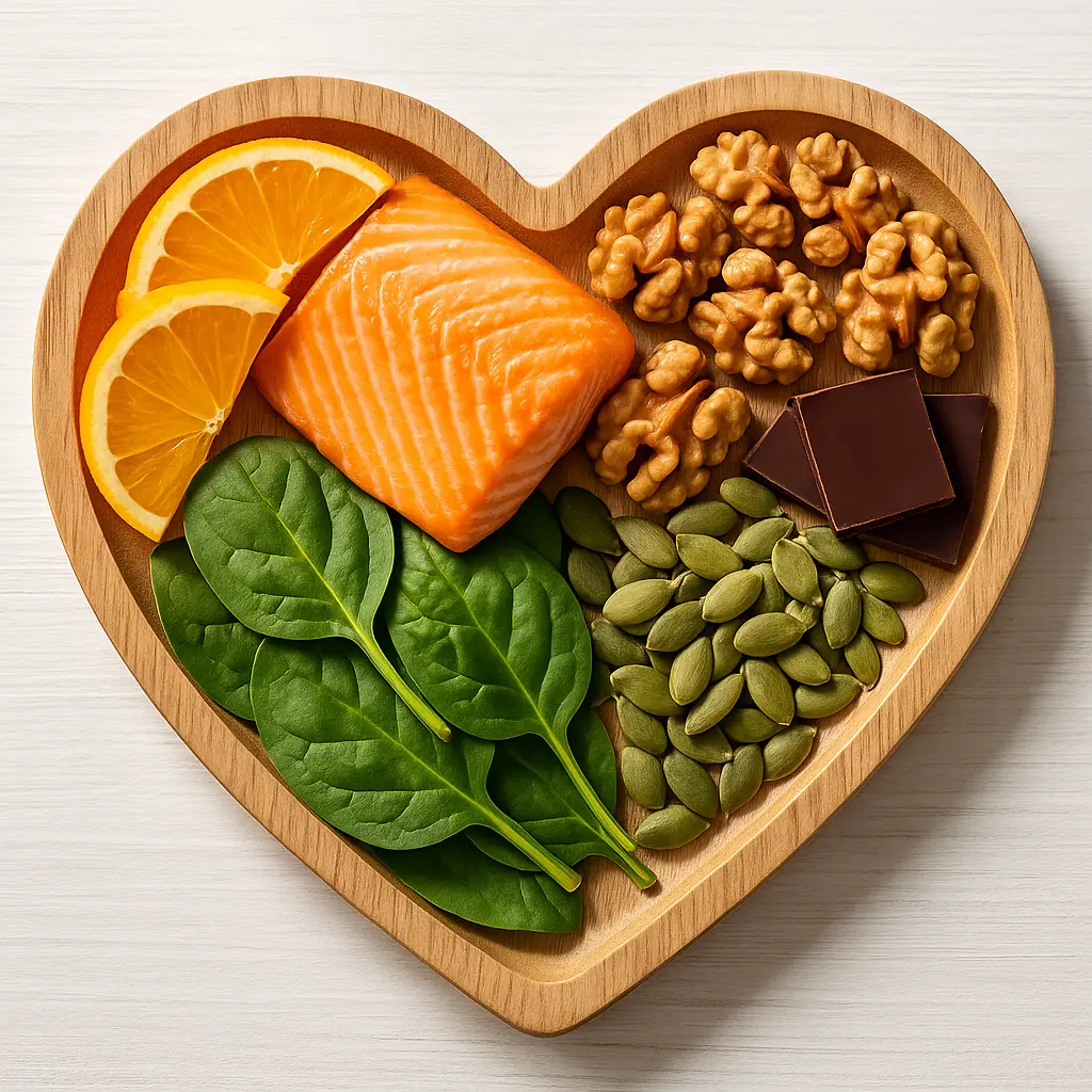 Heart-shaped plate with salmon, spinach, walnuts, pumpkin seeds, oranges, and dark chocolate β foods proven to help reduce high blood pressure
