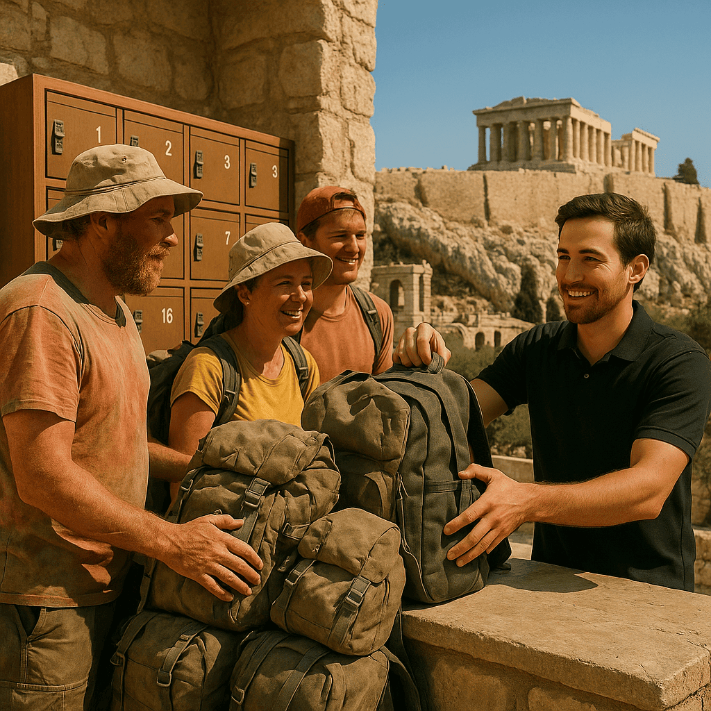 Group of sunburnt tourists placing dusty backpacks at a rustic stone storage counter in Athens, assisted by a smiling attendant, with the Acropolis visible under a clear blue sky.