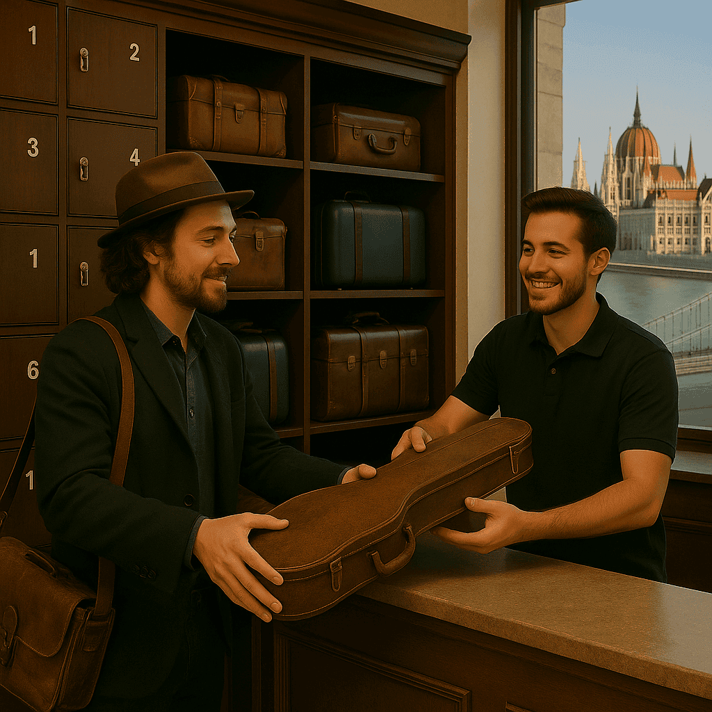Traveling violinist gently placing a vintage instrument case on the counter as a staff member stores it in a grand luggage room near the Chain Bridge in Budapest, with the Parliament dome shimmering across the Danube.