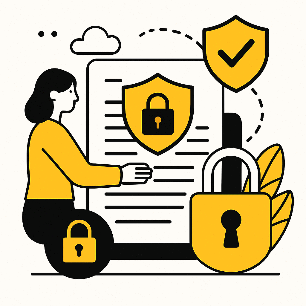 privacy policy illustration in yellow, white, and black for TripGuide