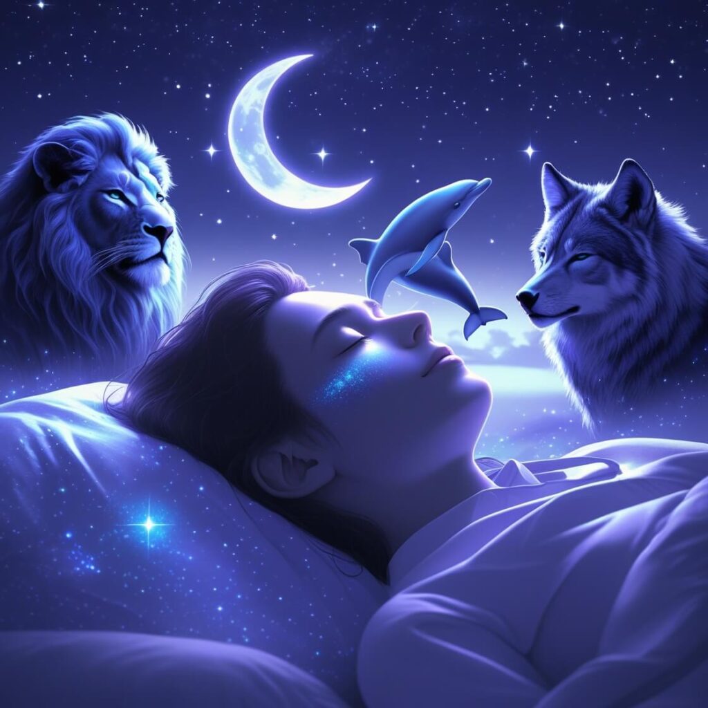 A dreamlike scene with a person sleeping, surrounded by glowing silhouettes of animals (lion, dolphin, wolf) in a starry night sky.