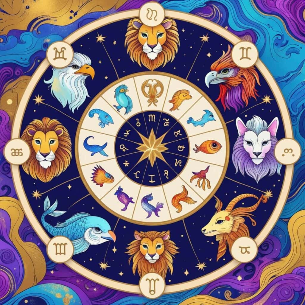 A vibrant zodiac wheel where each sign is paired with its spirit animal illustration.