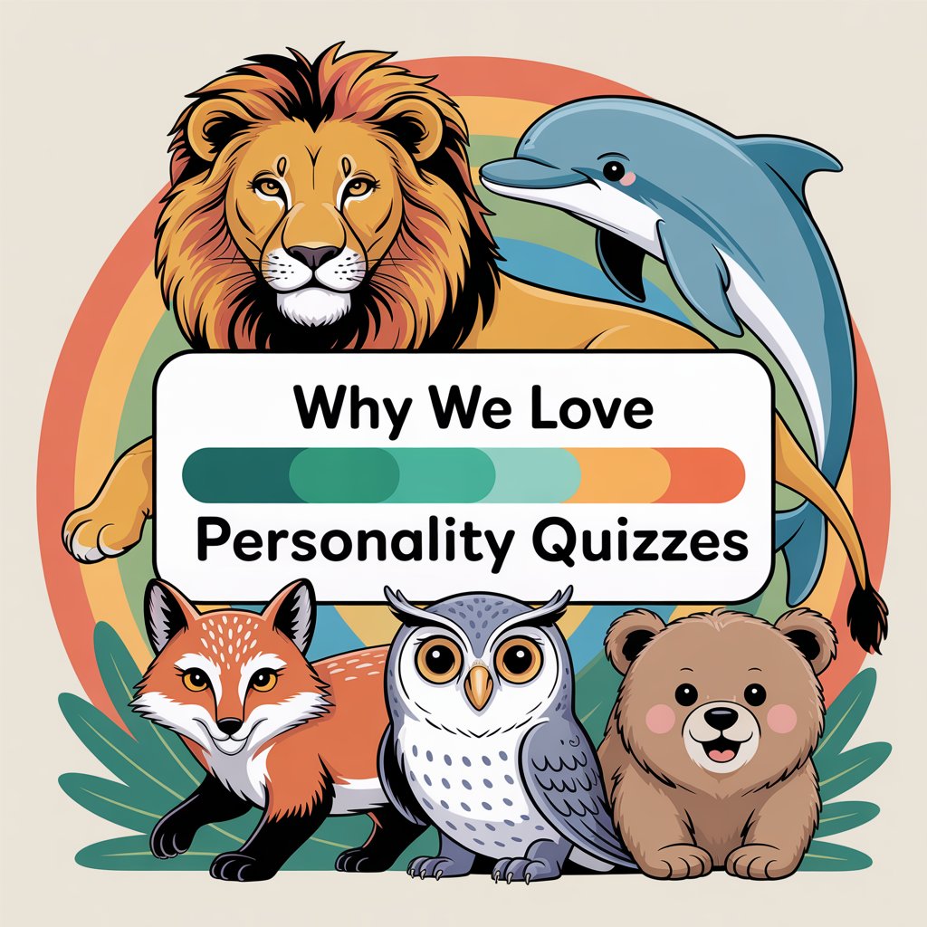 Colorful illustrated animals representing personality quiz results, including lion, fox, owl, dolphin, and bear