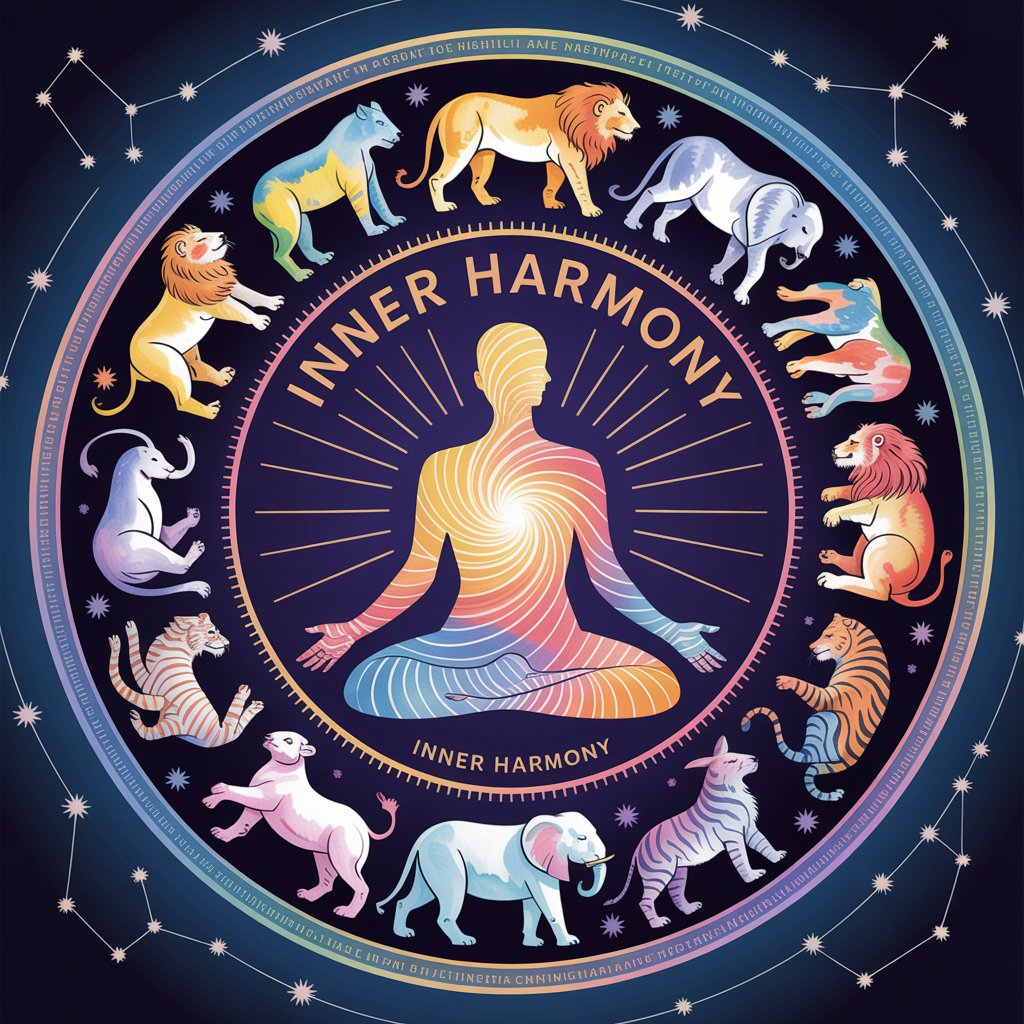 A vibrant circular mandala with 20+ animals illustrated around the edges, radiating from a glowing human silhouette at the center.