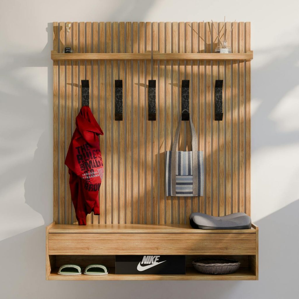modern wooden hallway organizer with fashion items