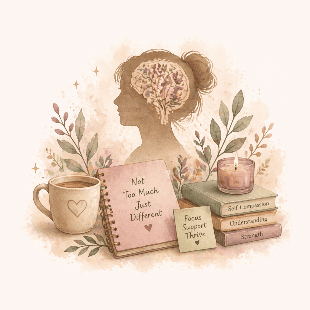 ADHD in women illustration with journal, tea, books, and reflective female silhouette