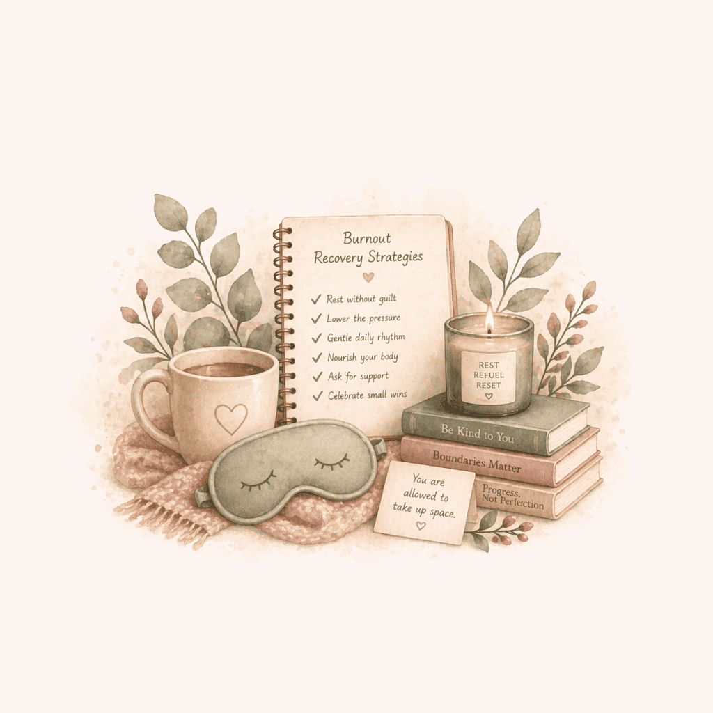 ADHD burnout recovery strategies illustration with checklist, tea, books, candle and calming elements