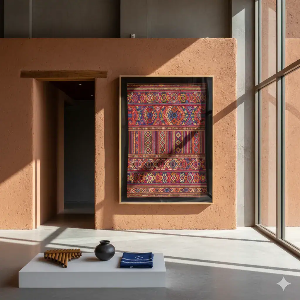 A framed Andean woven textile on a terracotta-coloured wall