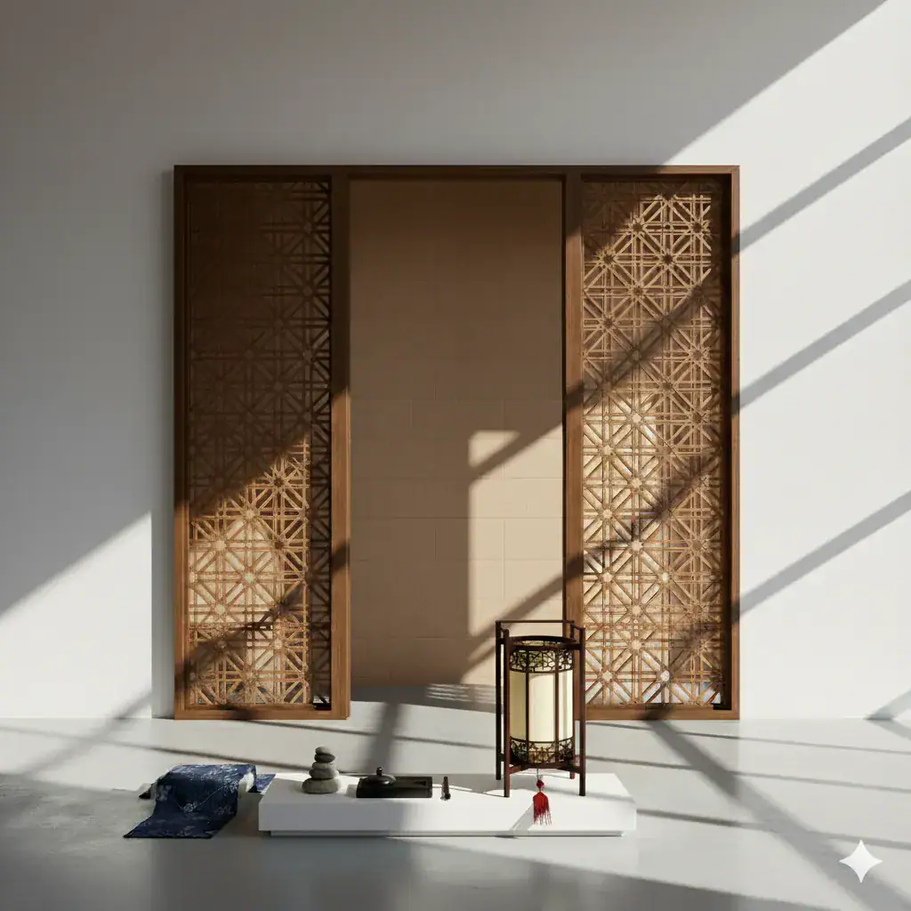 Carved lattice screens and a small paper lantern in a bright gallery