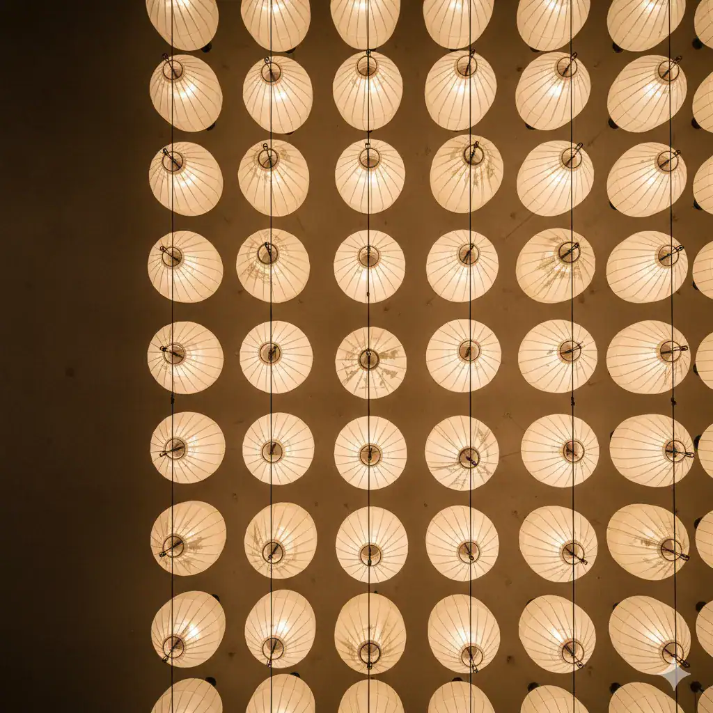 Rows of glowing paper lanterns suspended in a dark hall