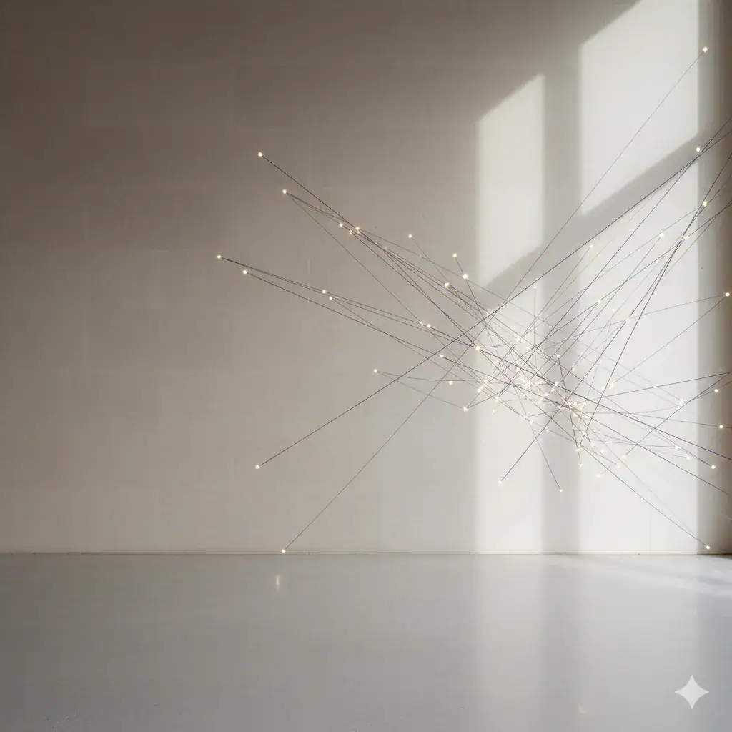 A suspended network of fine wires with points of light